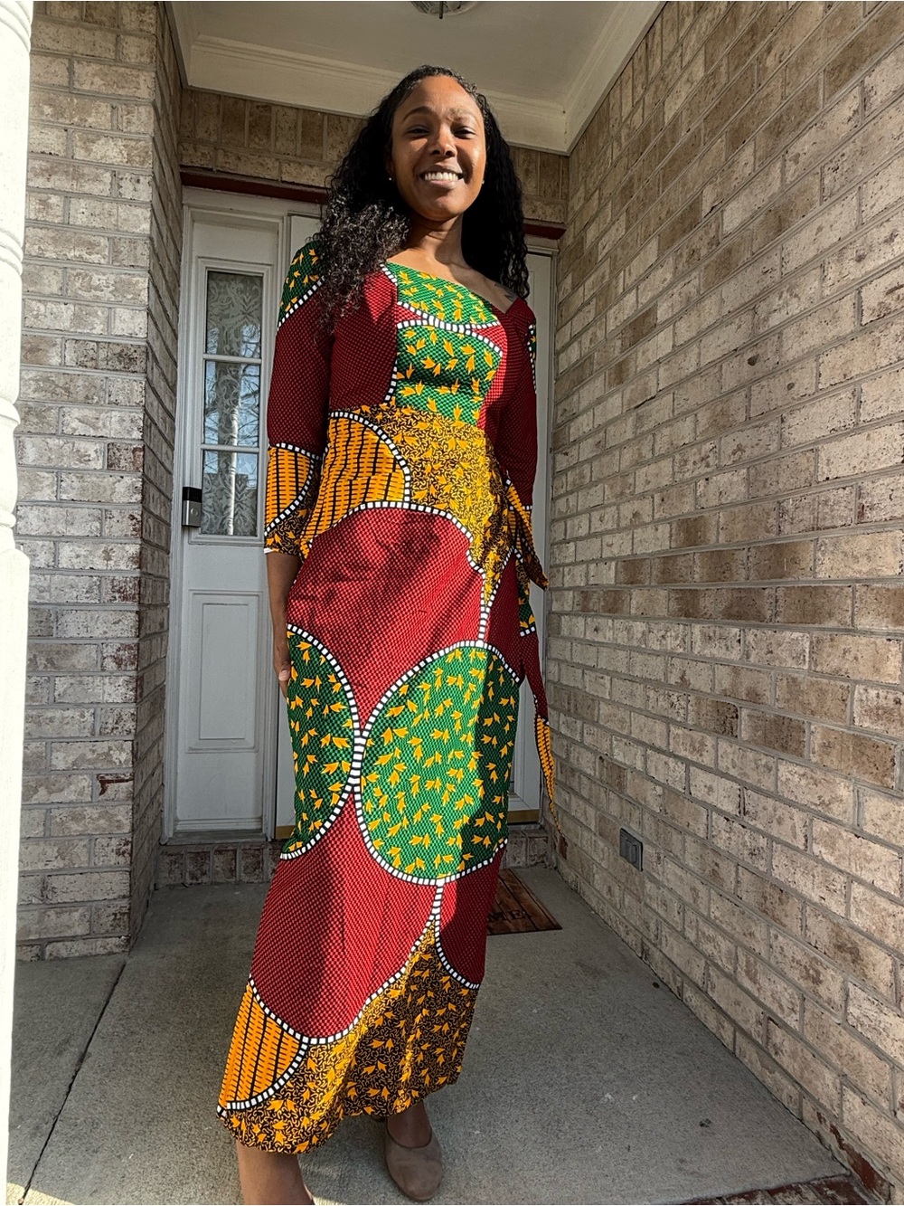 African-Print  Wrapped Dress in Red, Green & Yellow Print